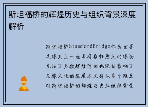斯坦福桥的辉煌历史与组织背景深度解析 斯坦福桥的辉煌历史与组织背景深度解析