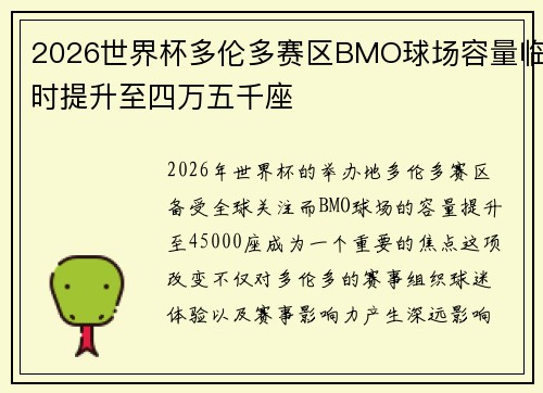 2026世界杯多伦多赛区BMO球场容量临时提升至四万五千座
