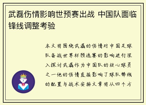 武磊伤情影响世预赛出战 中国队面临锋线调整考验