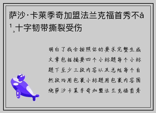 萨沙·卡莱季奇加盟法兰克福首秀不幸十字韧带撕裂受伤 萨沙·卡莱季奇加盟法兰克福首秀不幸十字韧带撕裂受伤